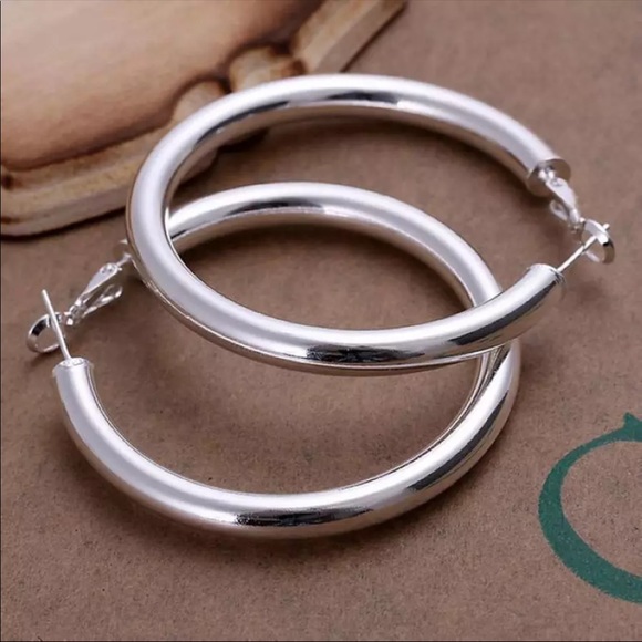 New 925 Silver Beautiful Big Round Hoop Earrings - Picture 3 of 4